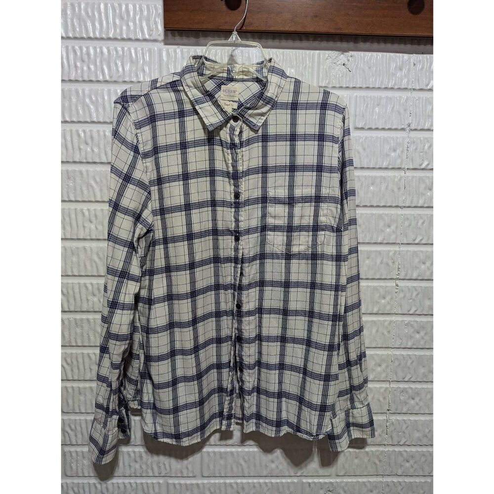 J. Crew Women's Blue & White Plaid Long-Sleeve Button-Front Shirt Size 16